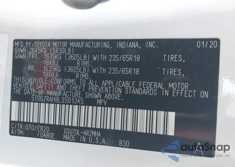 2020 Toyota Highlander Xle из США, поврежденный, VIN 5TDGZRAH8LS501345